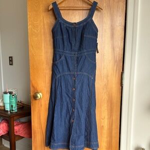 Denim Midi Button-Front Dress in Dark Blue